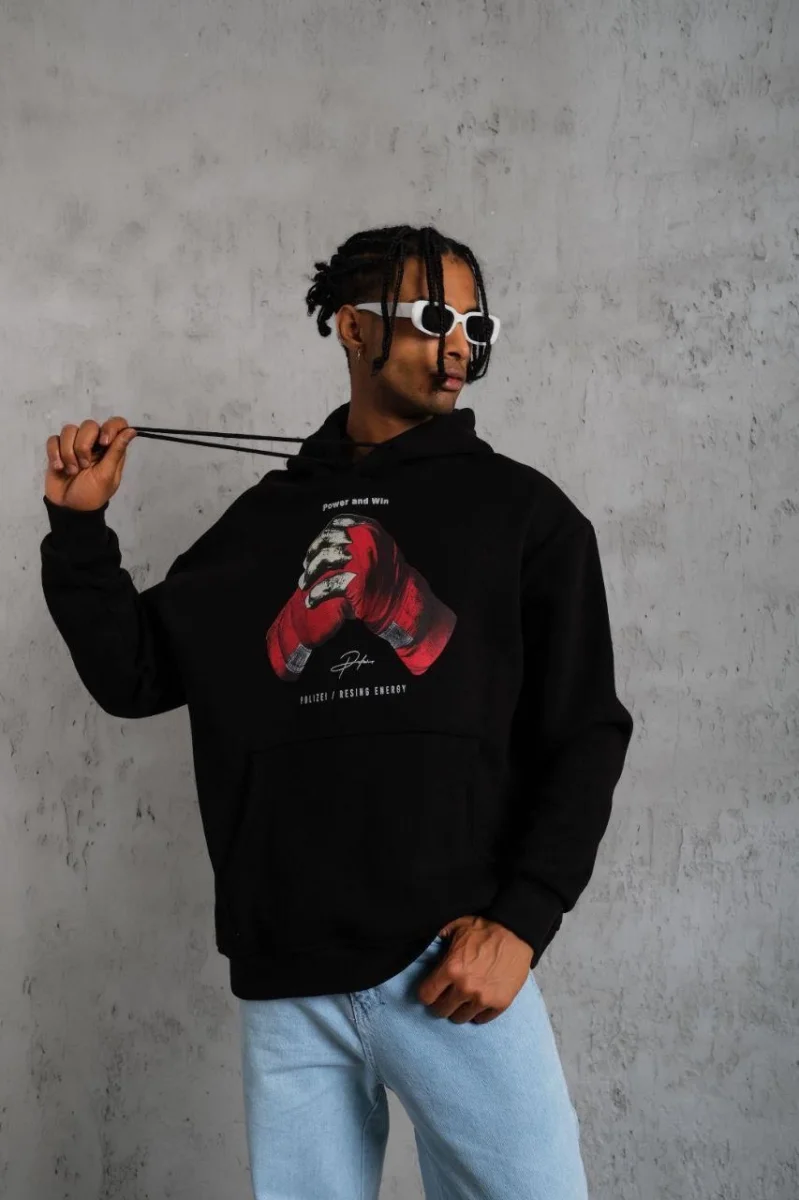 Eldiven Baskılı Kapüşonlu Sweat - Siyah -