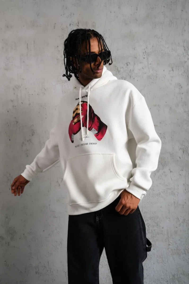 Eldiven Baskılı Kapüşonlu Sweat - Beyaz -