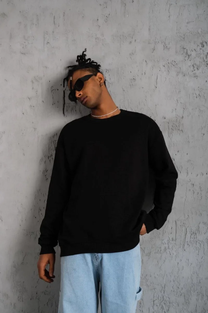 Düz Bisiklet Yaka Sweat - Siyah -