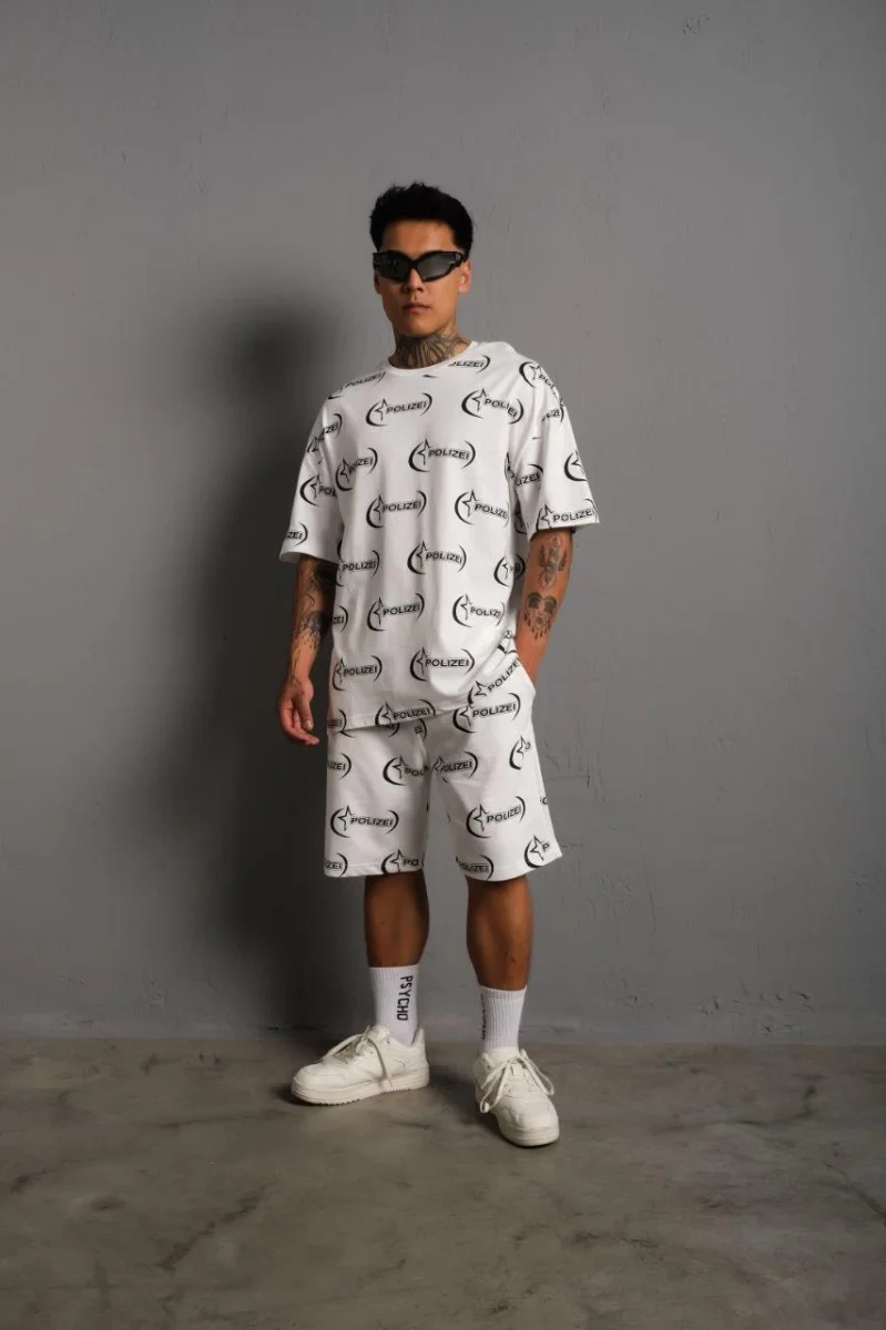 Baskılı İkili Şortlu Takım - Beyaz -