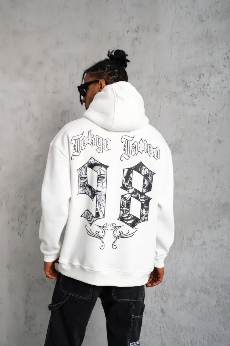 98 Baskılı Kapşonlu Sweat - Beyaz -