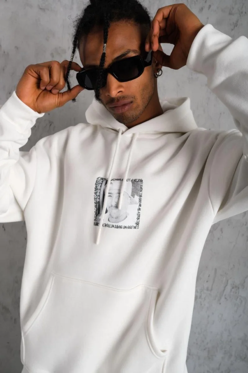 Ön Arka Baskılı Kapşonlu Sweat - Beyaz -