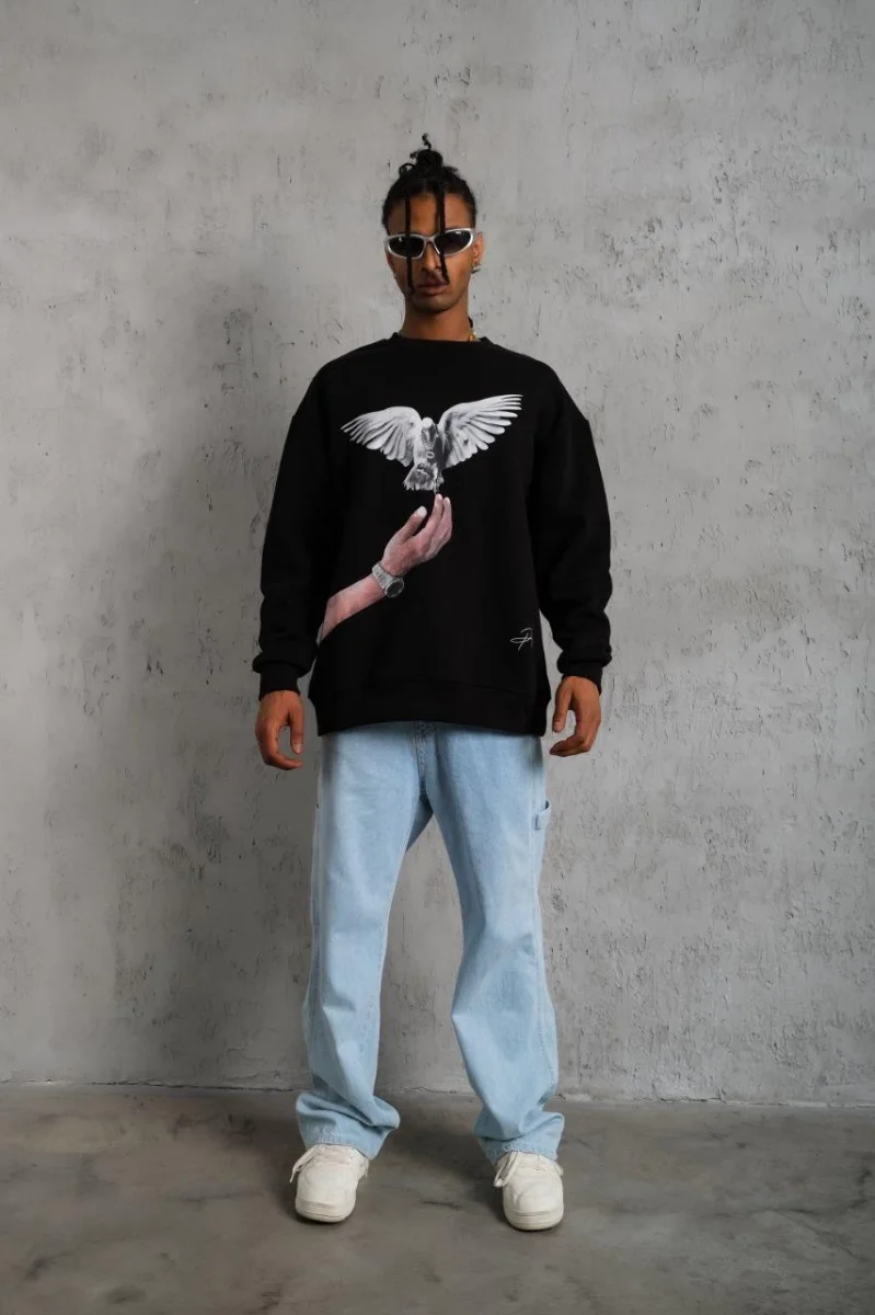 Güvercin Baskılı Sweatshirt - Siyah -