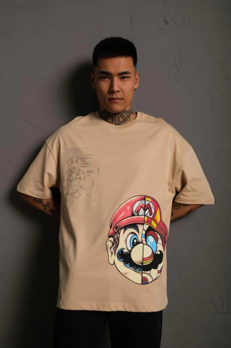 Mario Baskılı Oversize T-Shirt - Bej -