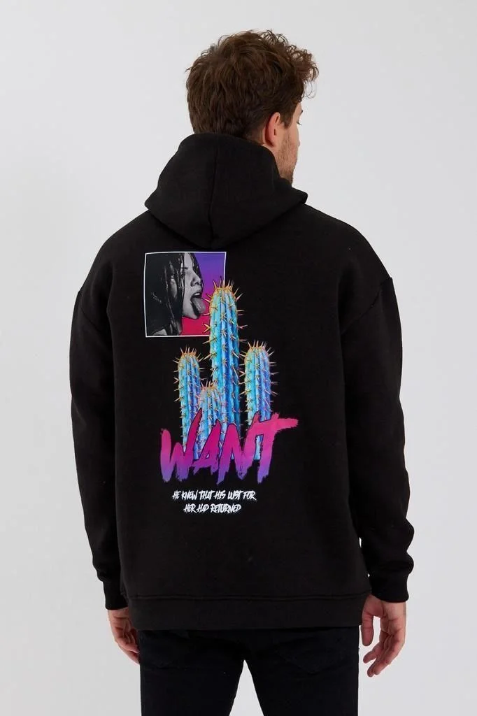 Baskılı Üç İplik Kapüşonlu Oversize Sweatshirt - Siyah -
