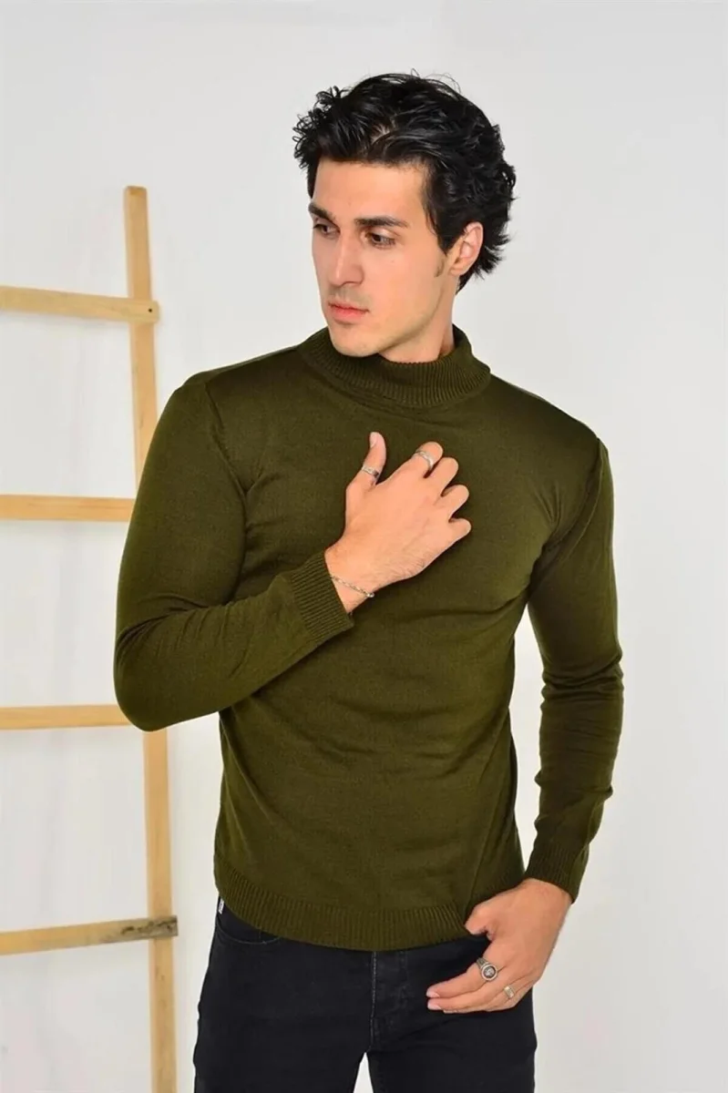 Tam Balıkçı Yaka Düz Renk Kazak - Yeşil -