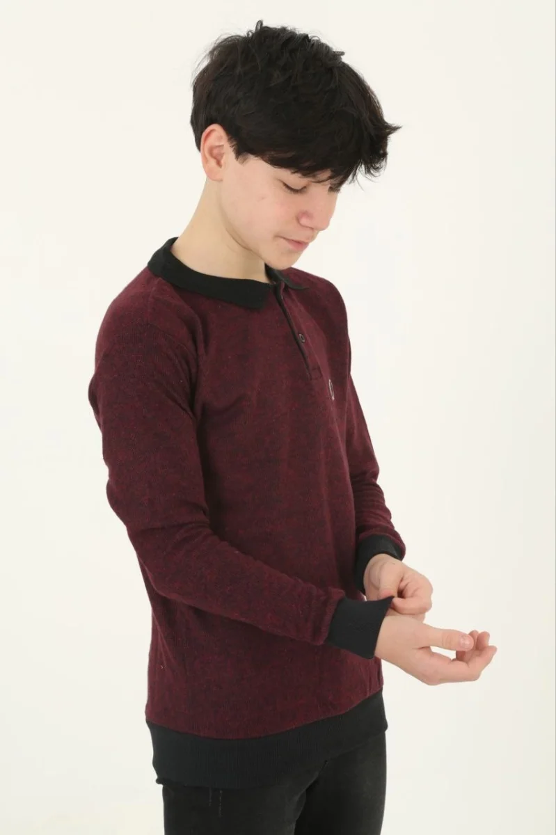 Selanik Yaka Nakışlı Kazak - Kırmızı -