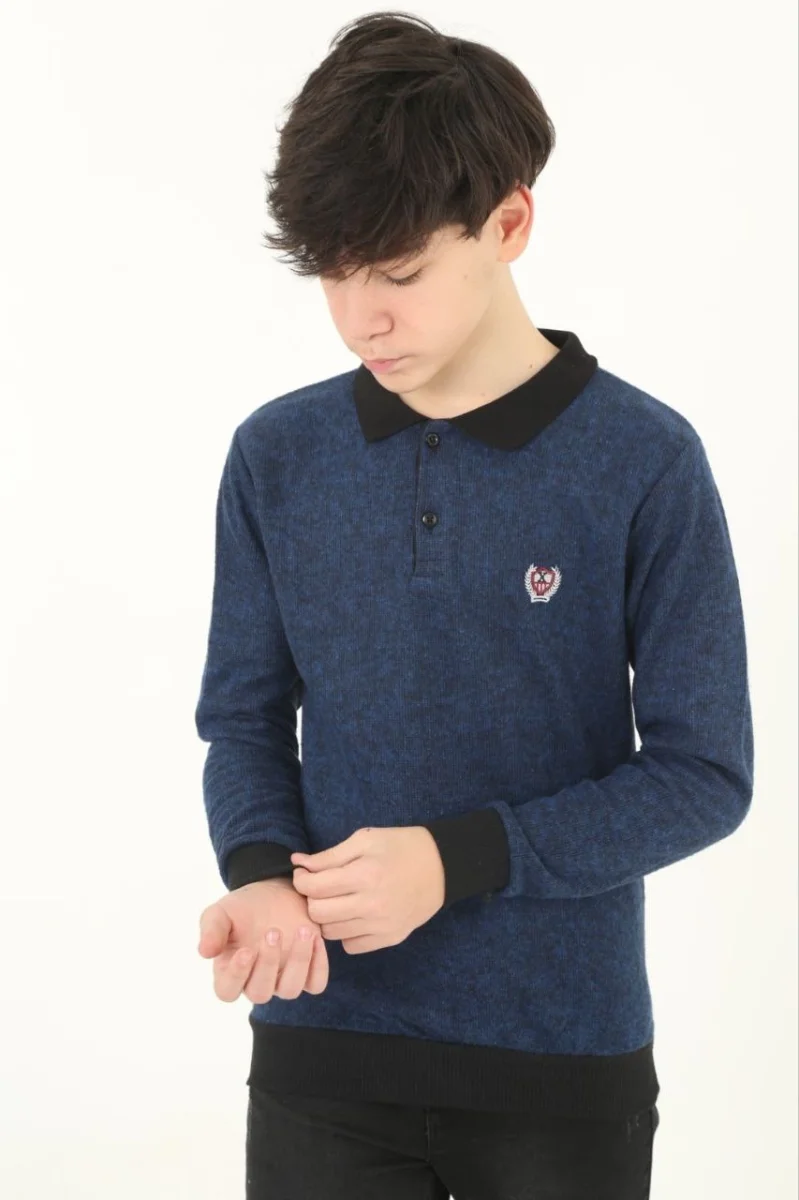 Selanik Yaka Nakışlı Kazak - Lacivert -