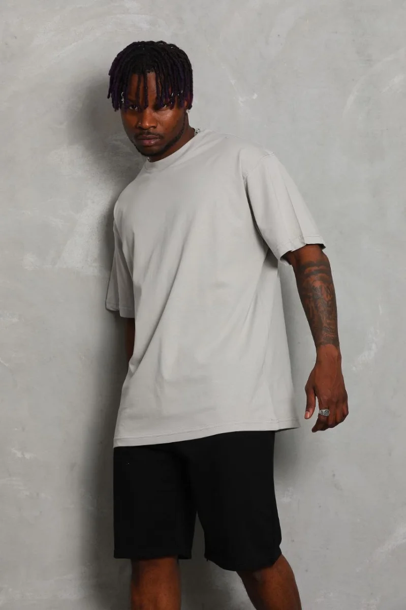 Oversize Düz Bisiklet Yaka T-Shirt - Gri -