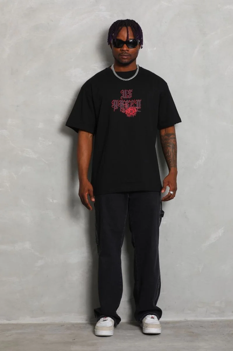 Oversize Baskılı Bisiklet Yaka T-Shirt - Siyah -