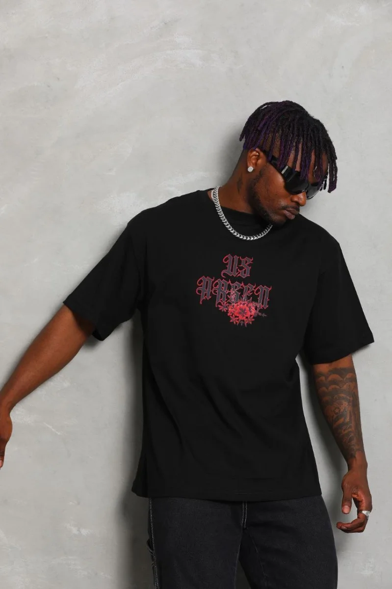 Oversize Baskılı Bisiklet Yaka T-Shirt - Siyah -