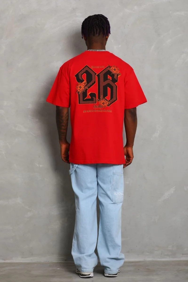 Oversize Baskılı Bisiklet Yaka T-Shirt - Kırmızı -