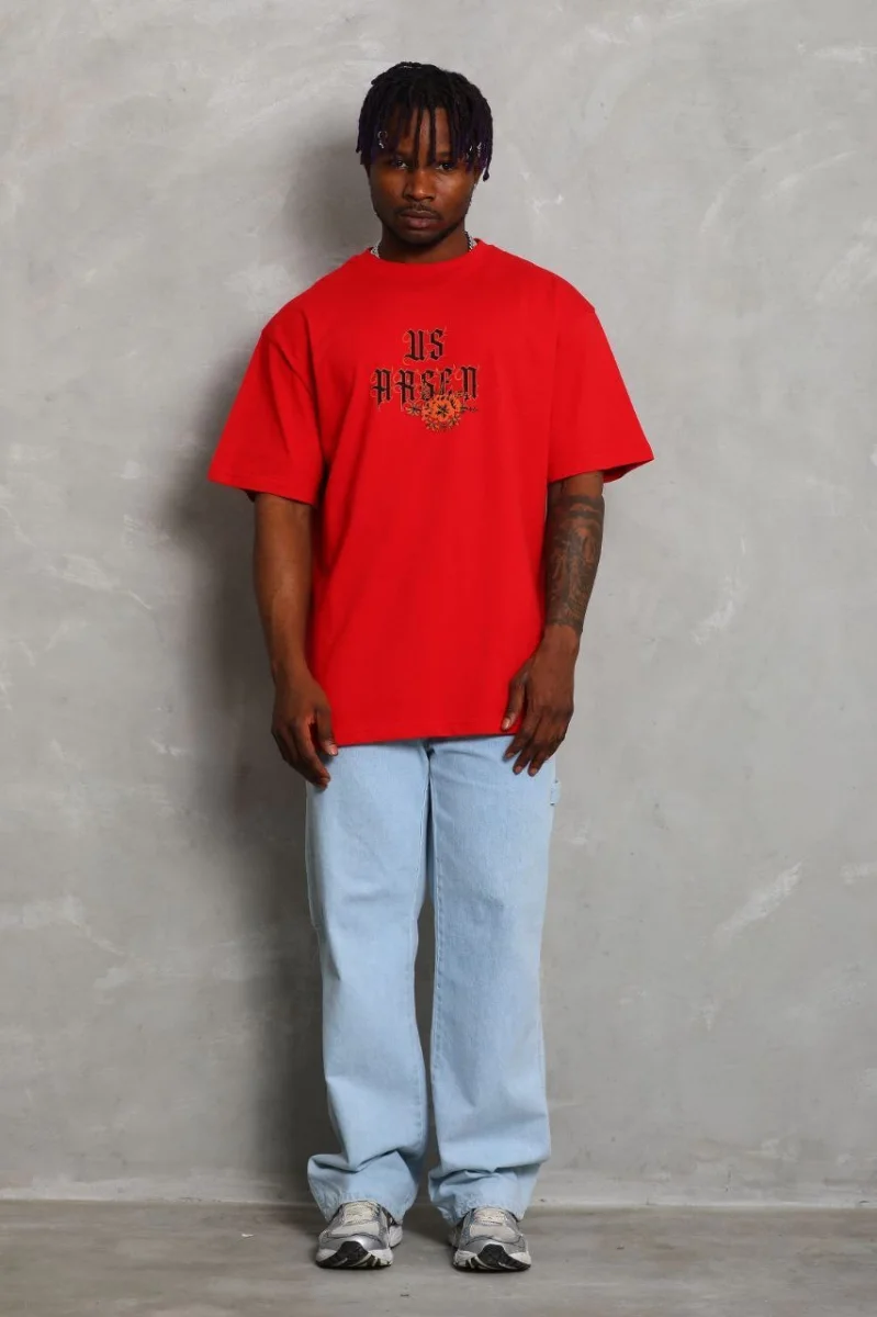 Oversize Baskılı Bisiklet Yaka T-Shirt - Kırmızı -