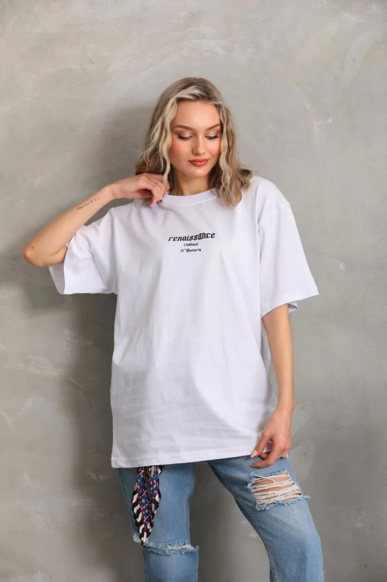 Baskılı Oversize T-shirt - Beyaz -