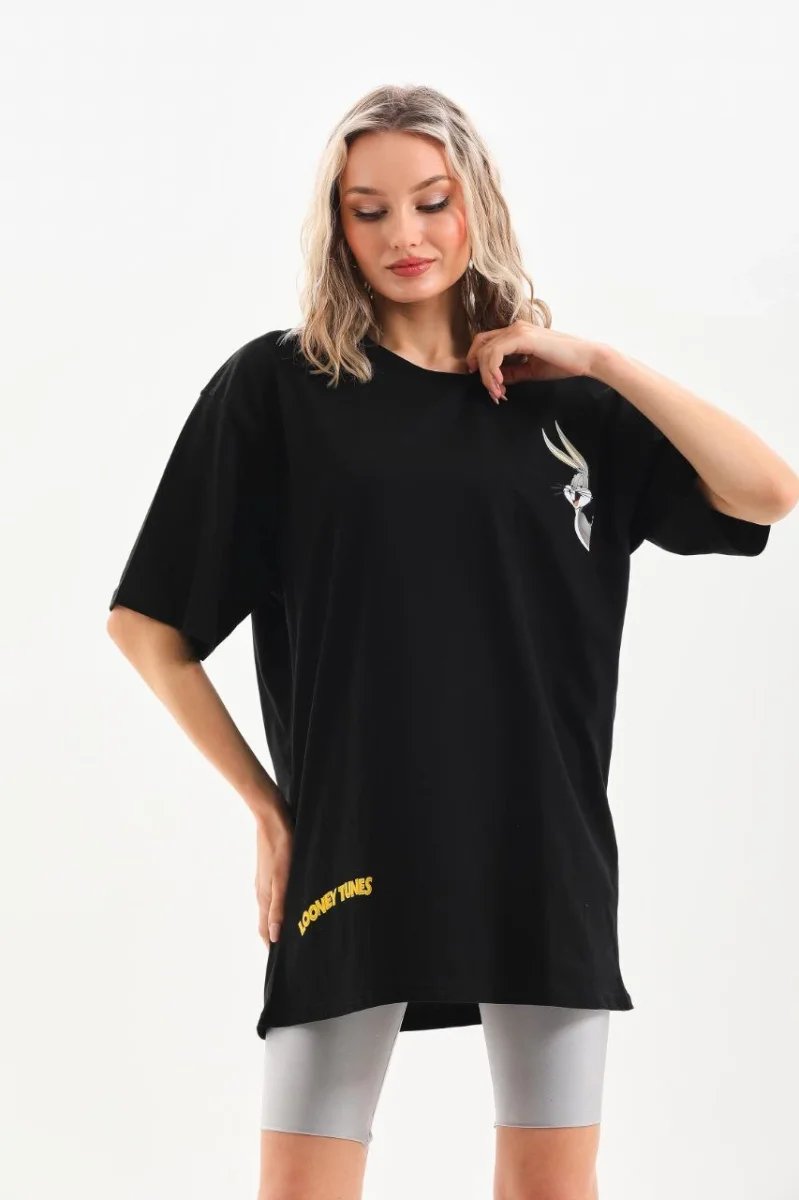 Baskılı Oversize T-shirt - Siyah -