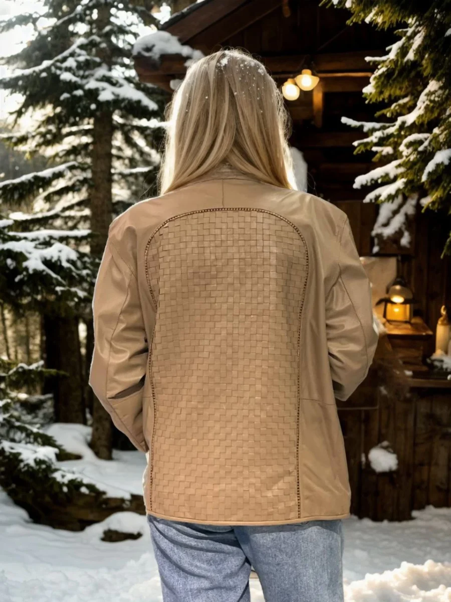 Fileli Deri Ceket - Krem -