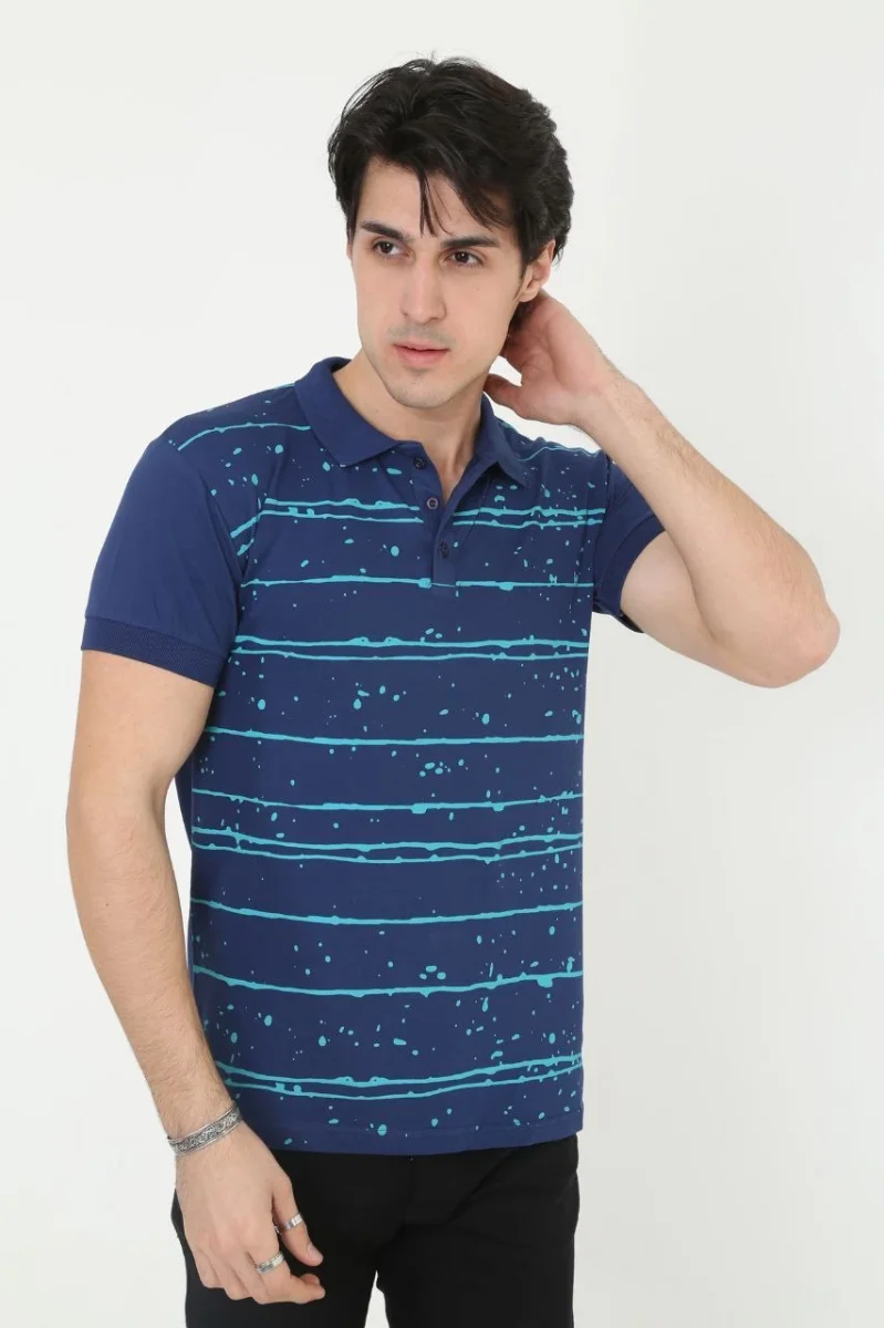 Yakalı Slim Fit Pike Çizgili T-Shirt - Mavi -