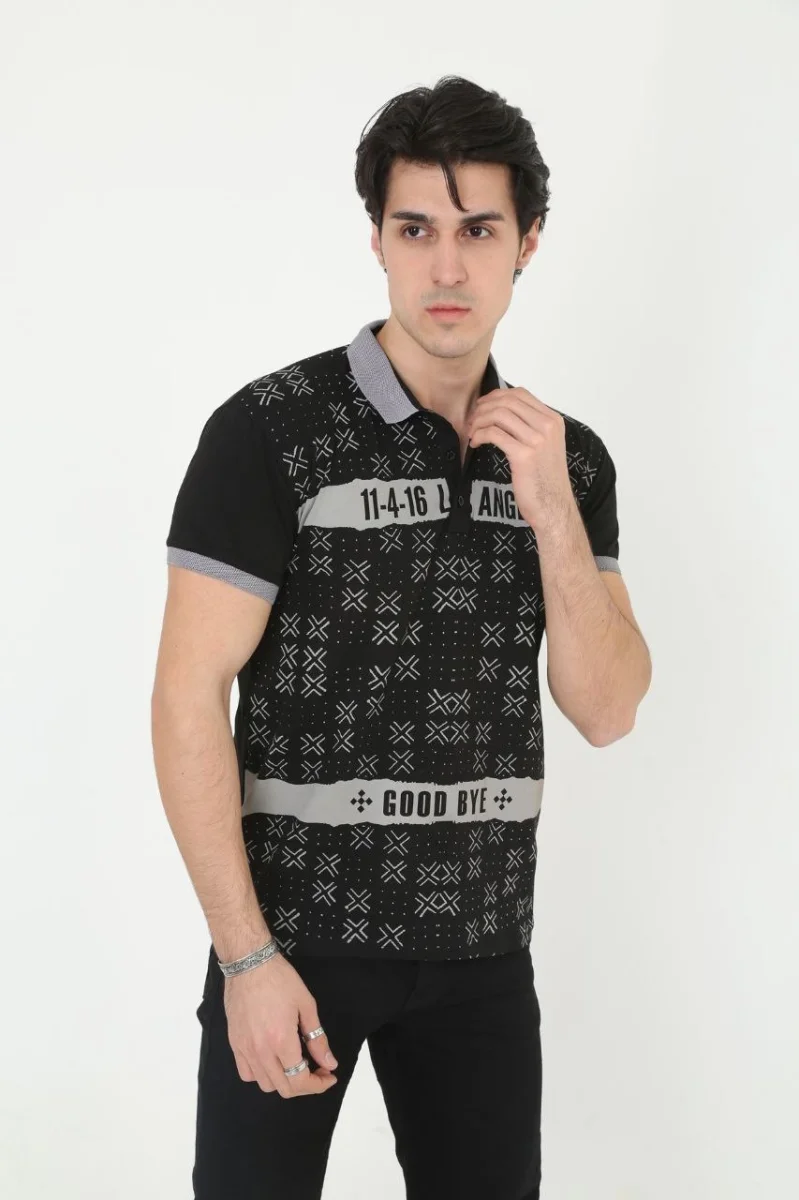 Yakalı Slim Fit Baskılı T-Shirt - Siyah -