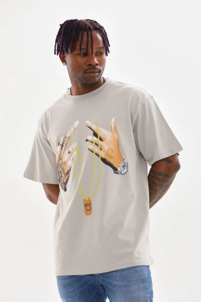 Baskılı Oversize T-Shirt - Gri -