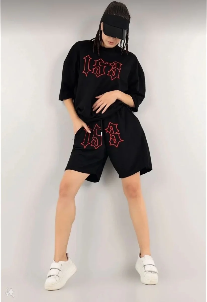 Nakış İşlemeli Şort Takım - Siyah -