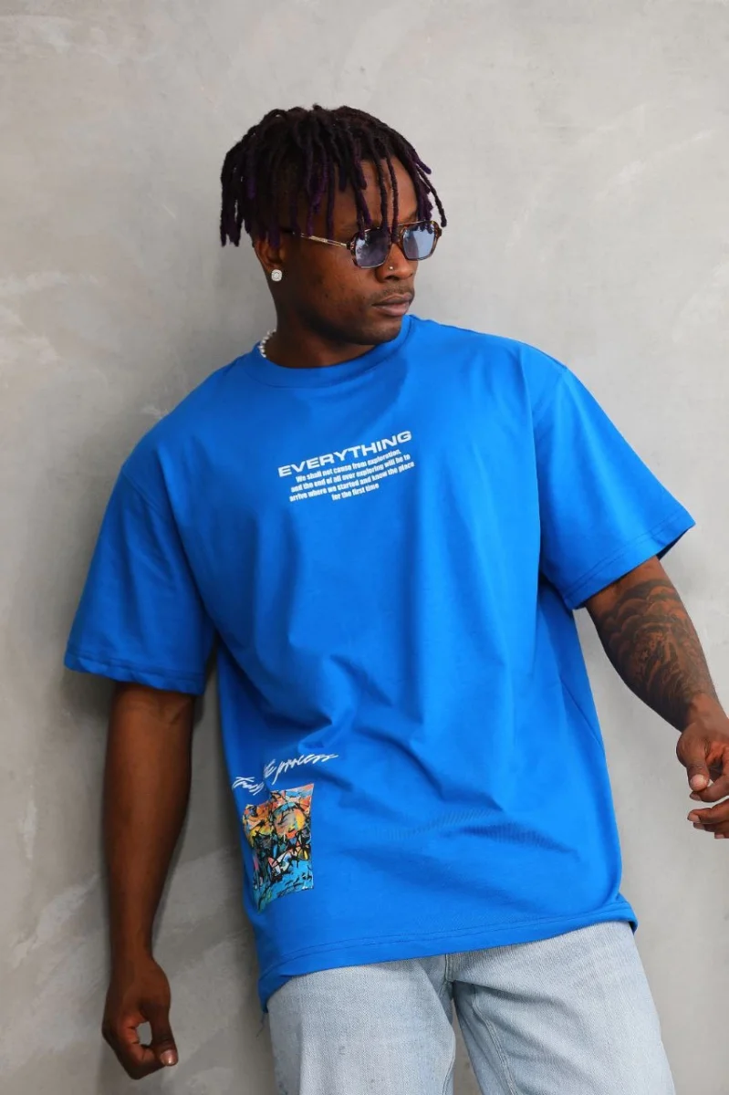 Bisiklet Yaka Baskılı Oversize T-Shirt - Mavi -