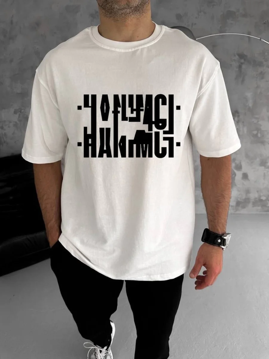 Bisiklet Yaka Katlanan Baskılı T-Shirt - Beyaz -