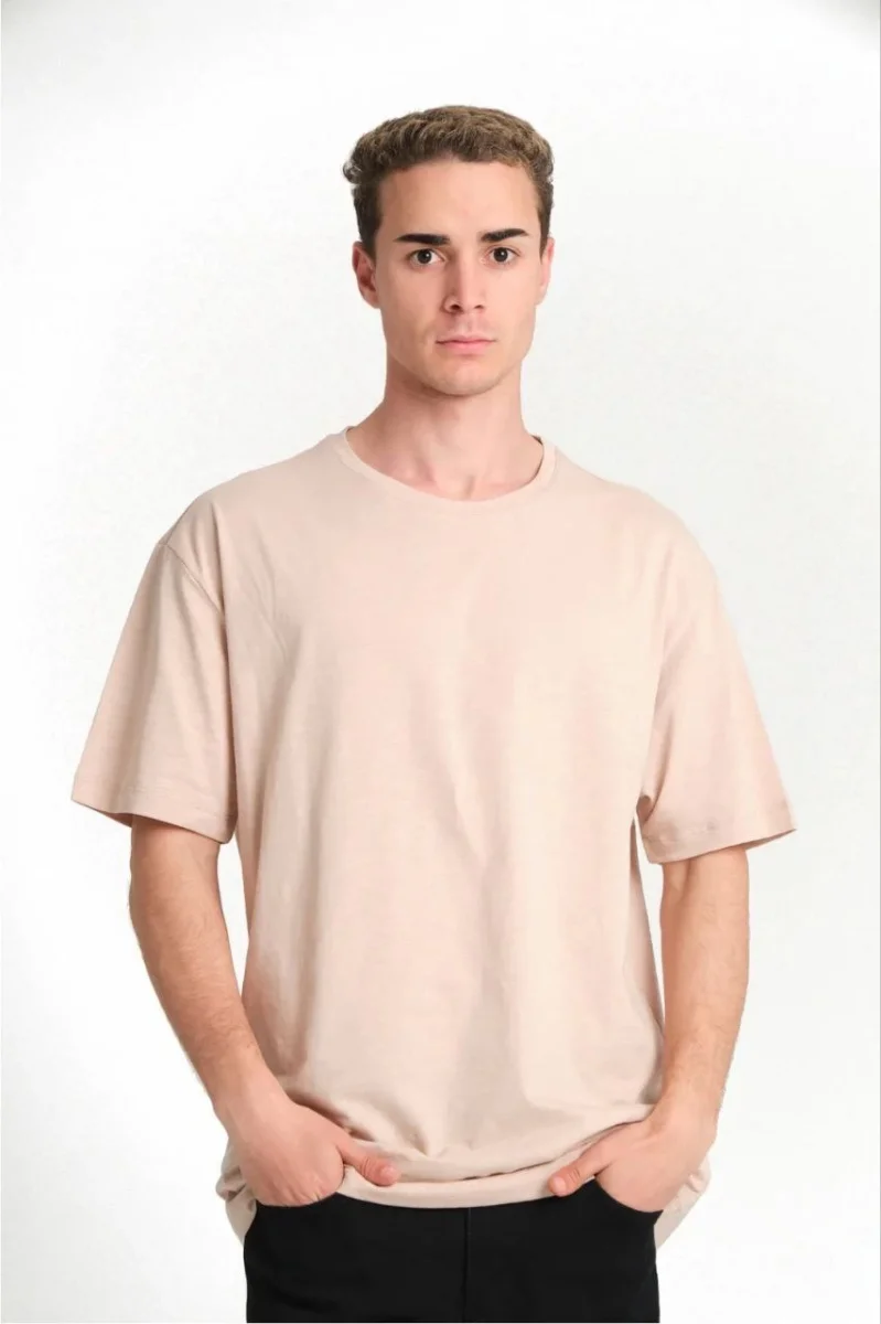 Düz Biskilet Yaka Oversize T-shirt - Bej -