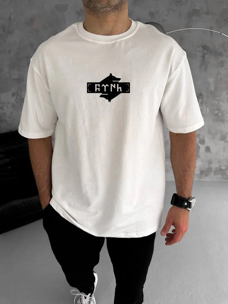 Bisiklet Yaka Baskılı Double Oversize T-Shirt - Beyaz -