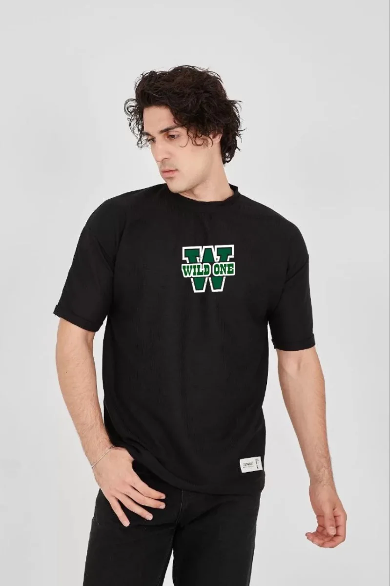 Waffle Kumaş Çift Katlamalı Kol Baskılı T-Shirt - Siyah -