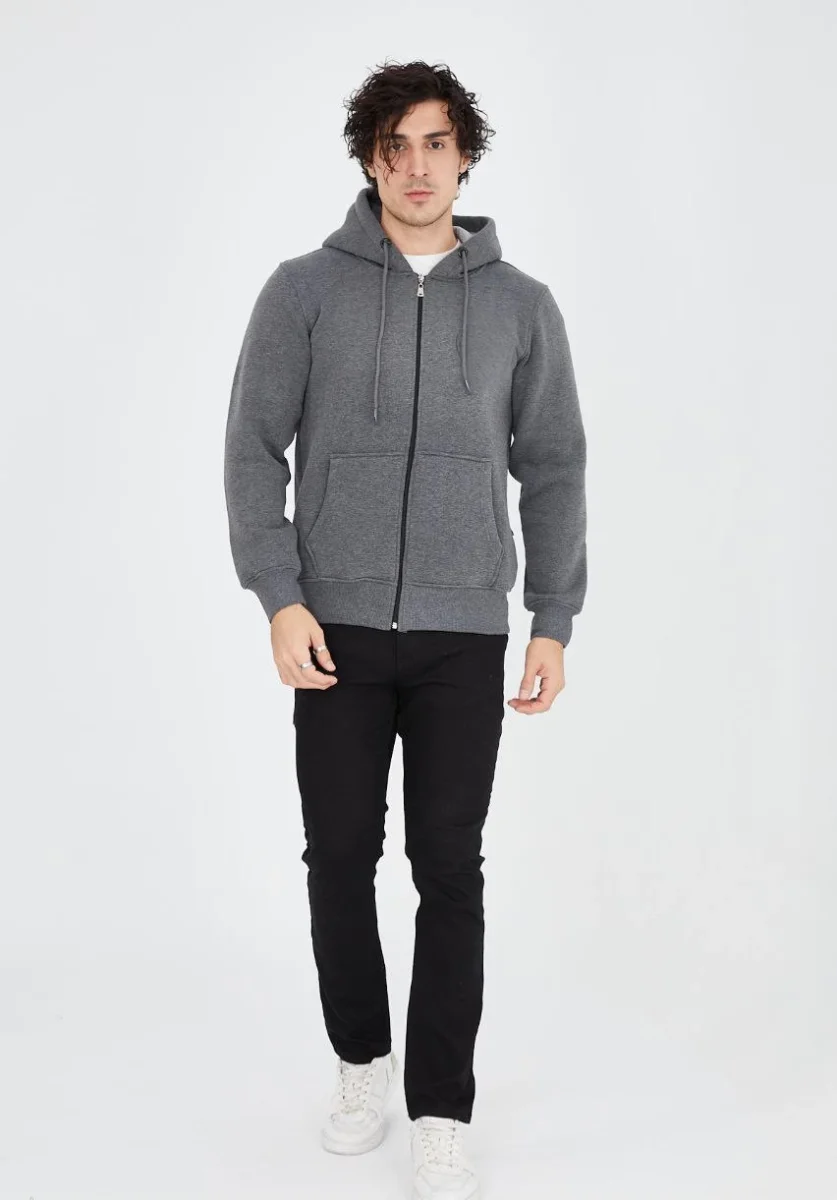 Tam Fermuarlı Kapşonlu  SweatShirt - Füme -