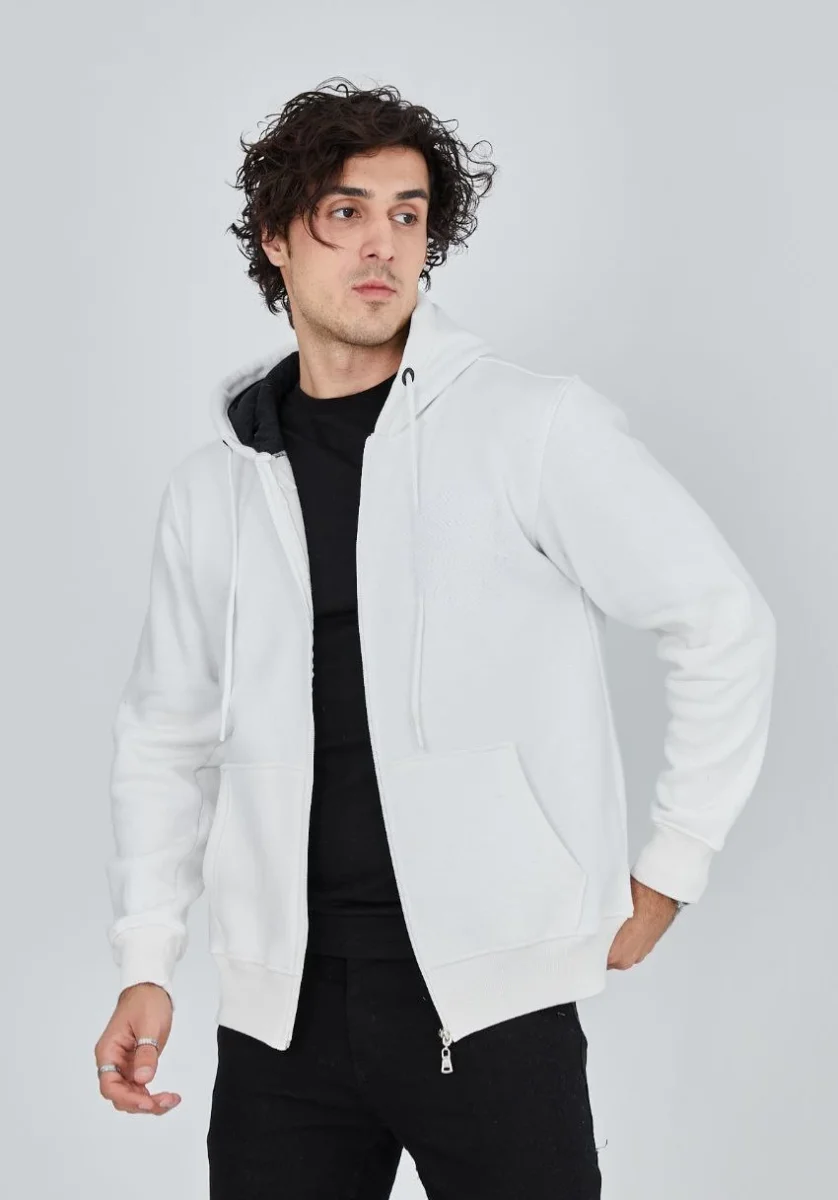 Tam Fermuarlı Kapşonlu  SweatShirt - Beyaz -