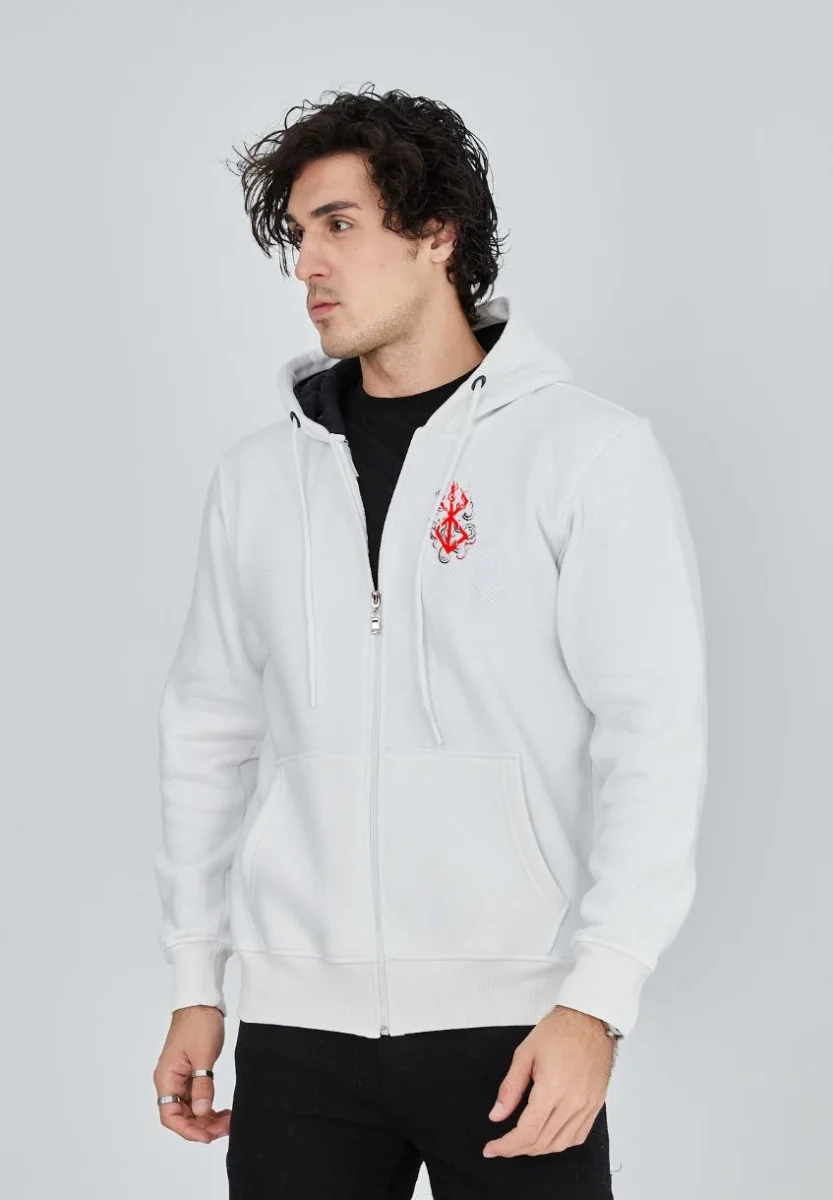 Baskılı Tam Fermuarlı Kapşonlu SweatShirt - Beyaz -