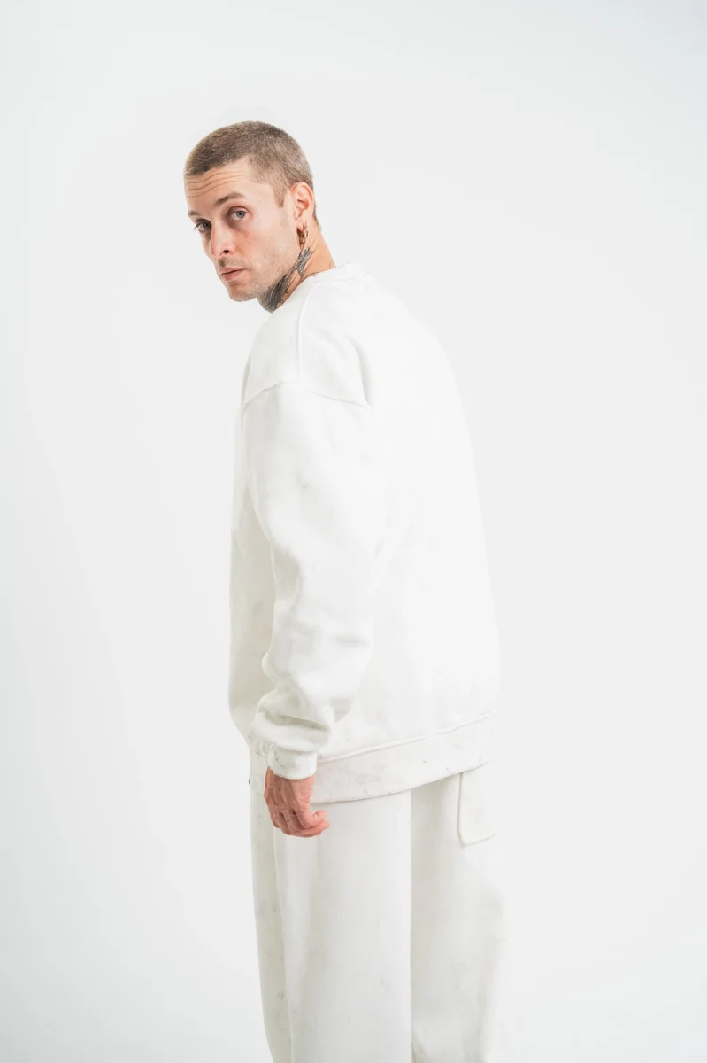 Uzun Kol Bisiklet Yaka Yıkamalı SweatShirt - Beyaz -