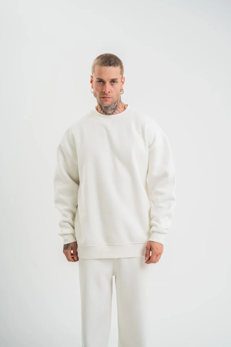Uzun Kol Bisiklet Yaka Basic SweatShirt - Beyaz -