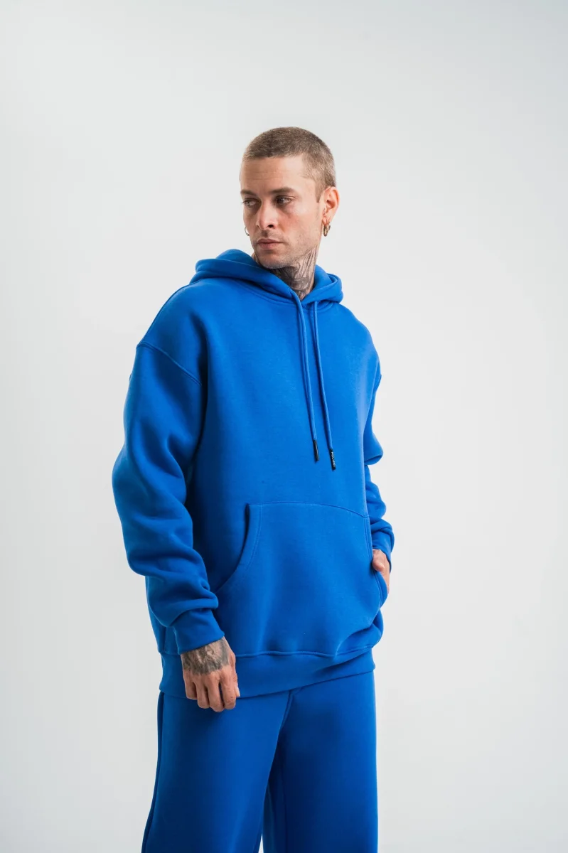 Double Oversize Kapşonlu Basic SweatShirt - Mavi -