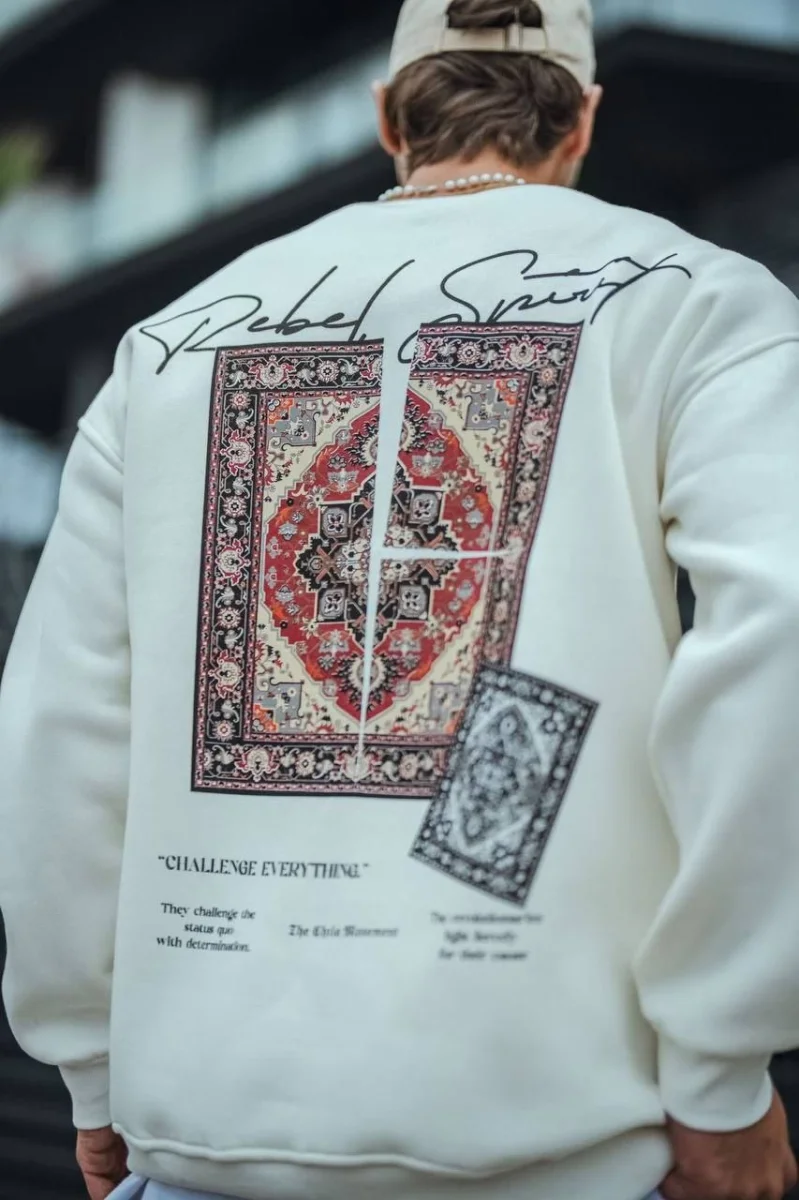 Uzun Kol Bisiklet Yaka Baskılı SweatShirt - Beyaz -