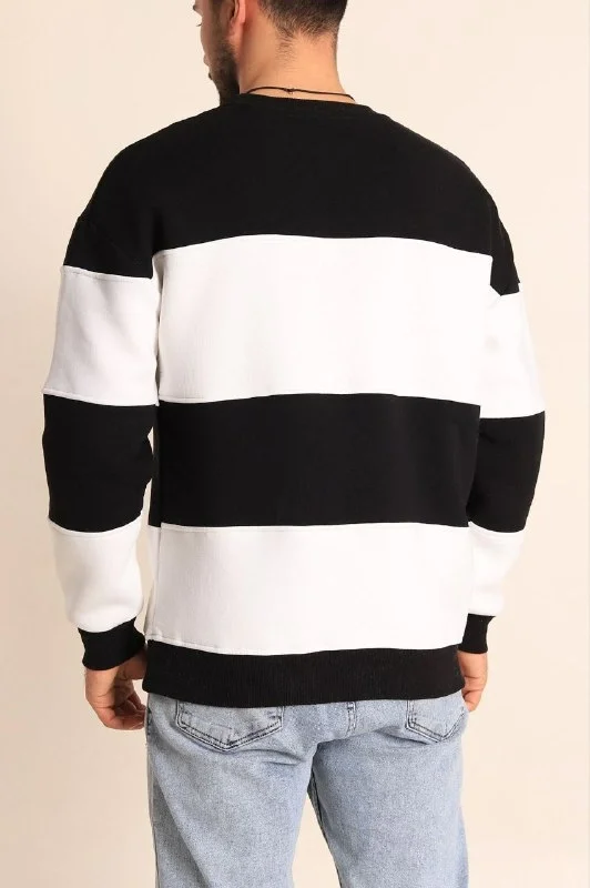 Parçalı Bisiklet Yaka Baskılı SweatShirt - Siyah -