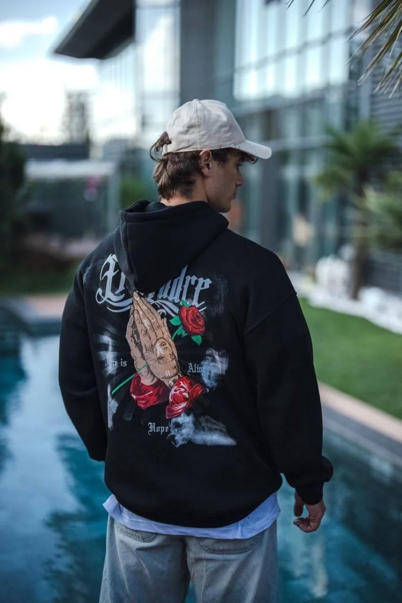 Üç İplik Penye Kapşonlu Baskılı SweatShirt - Siyah -