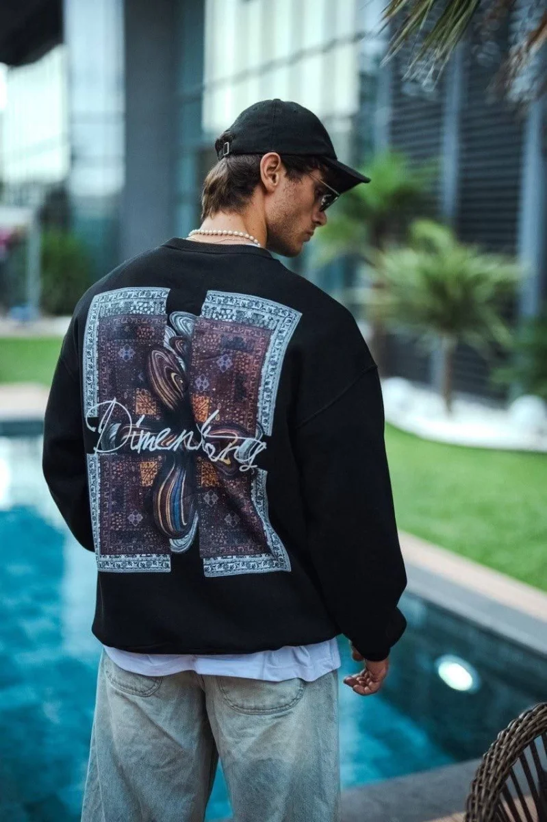 Uzun Kol Bisiklet Yaka Ön ve Arka Baskılı SweatShirt - Siyah -