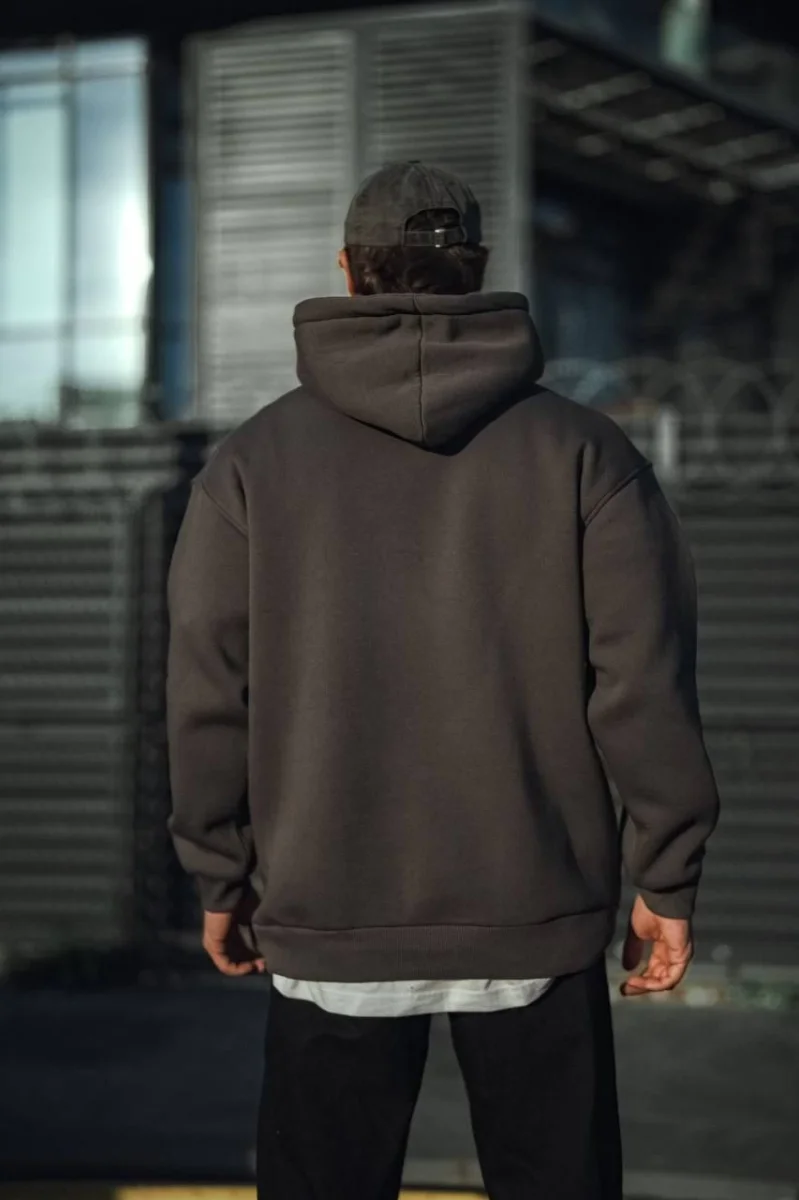 Üç İplik Penye Kapşonlu Basic SweatShirt - Füme -