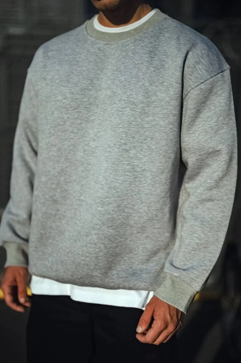 Kışlık Bisiklet Yaka Üç İplik Basic SweatShirt - Gri -