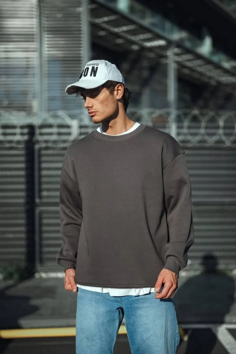 Kışlık Bisiklet Yaka Üç İplik Basic SweatShirt - Antrasit -