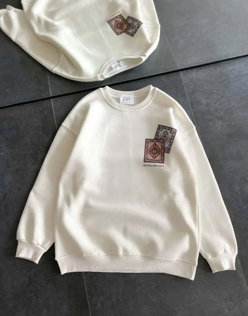 Bisiklet Yaka Baskılı SweatShirt - Beyaz -