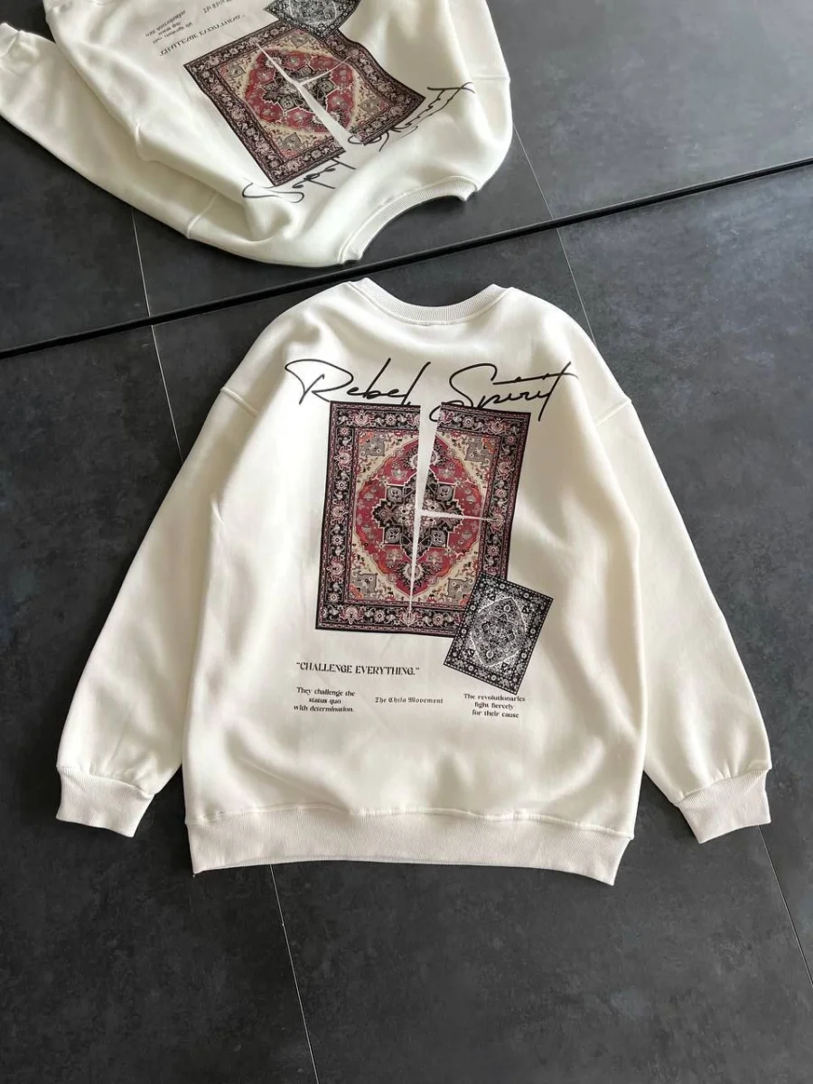Bisiklet Yaka Baskılı SweatShirt - Beyaz -