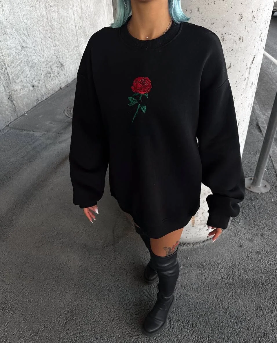 Oversize Üç İplik Bisiklet Yaka Baskılı SweatShirt - Siyah -