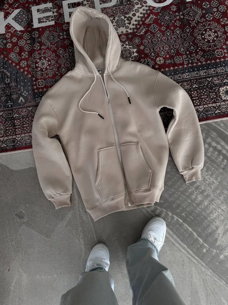 Oversize Tam Fermuarlı Uzun Kol Hırka - Bej -