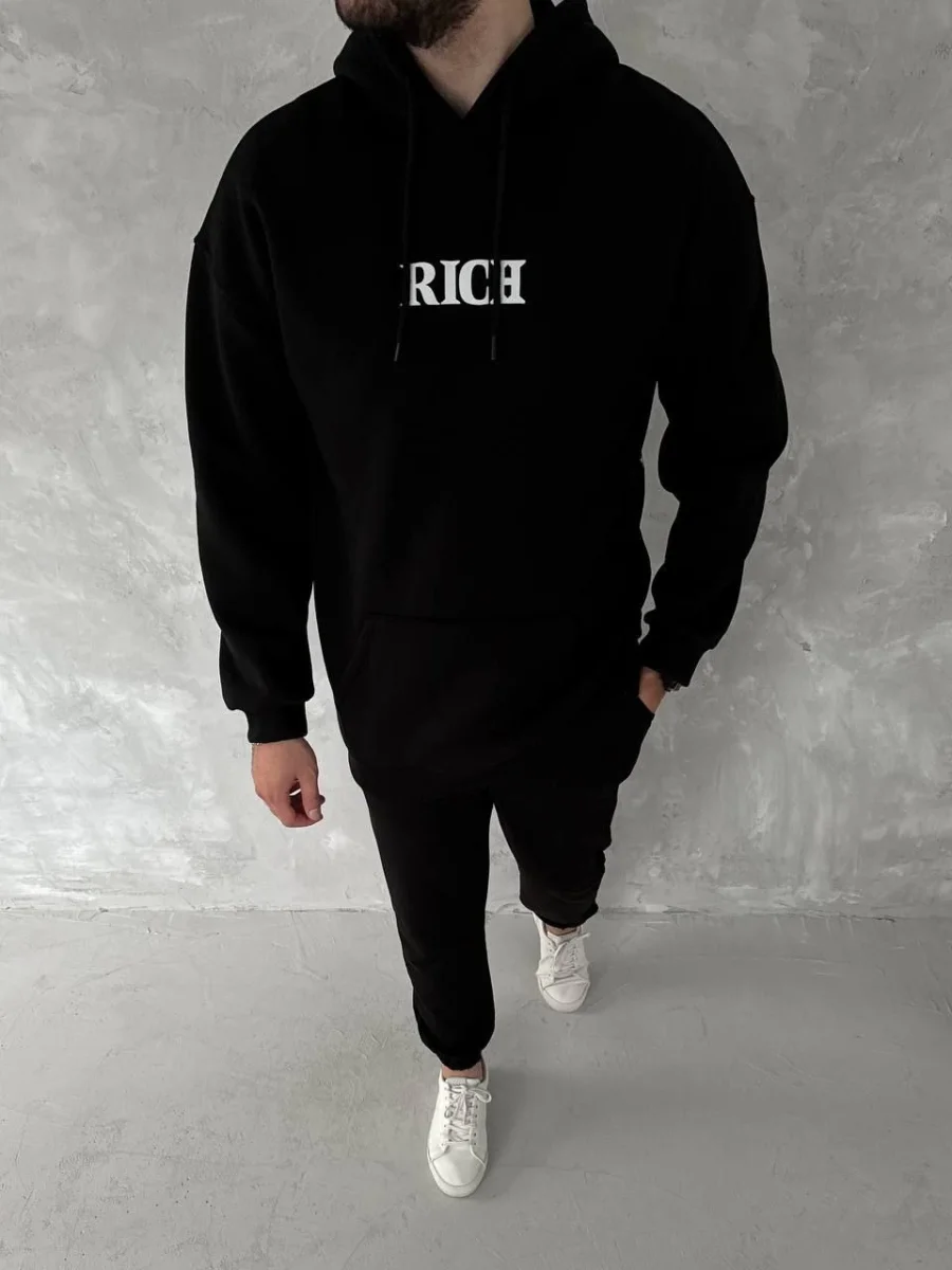 Uzun Kol Kapüşonlu Göğüs Baskılı SweatShirt - Siyah -