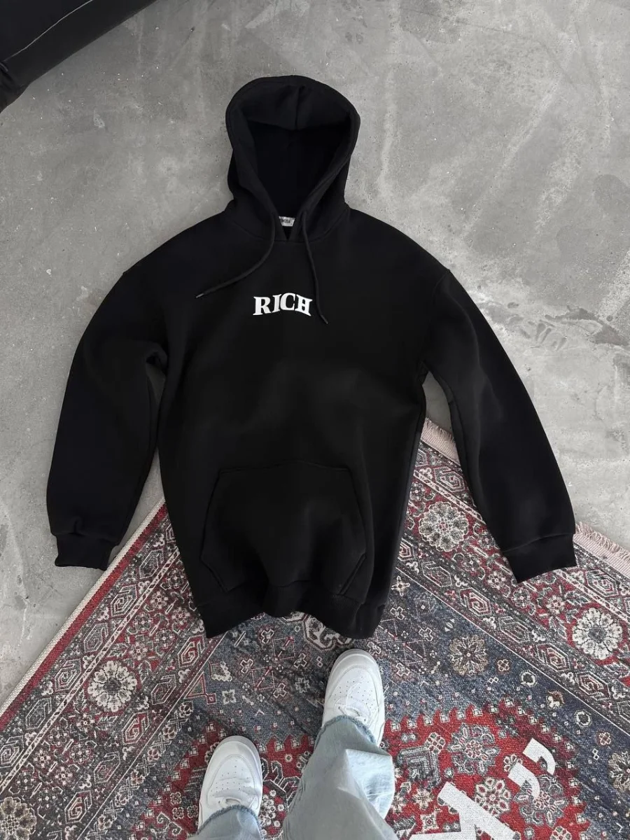 Uzun Kol Kapüşonlu Göğüs Baskılı SweatShirt - Siyah -