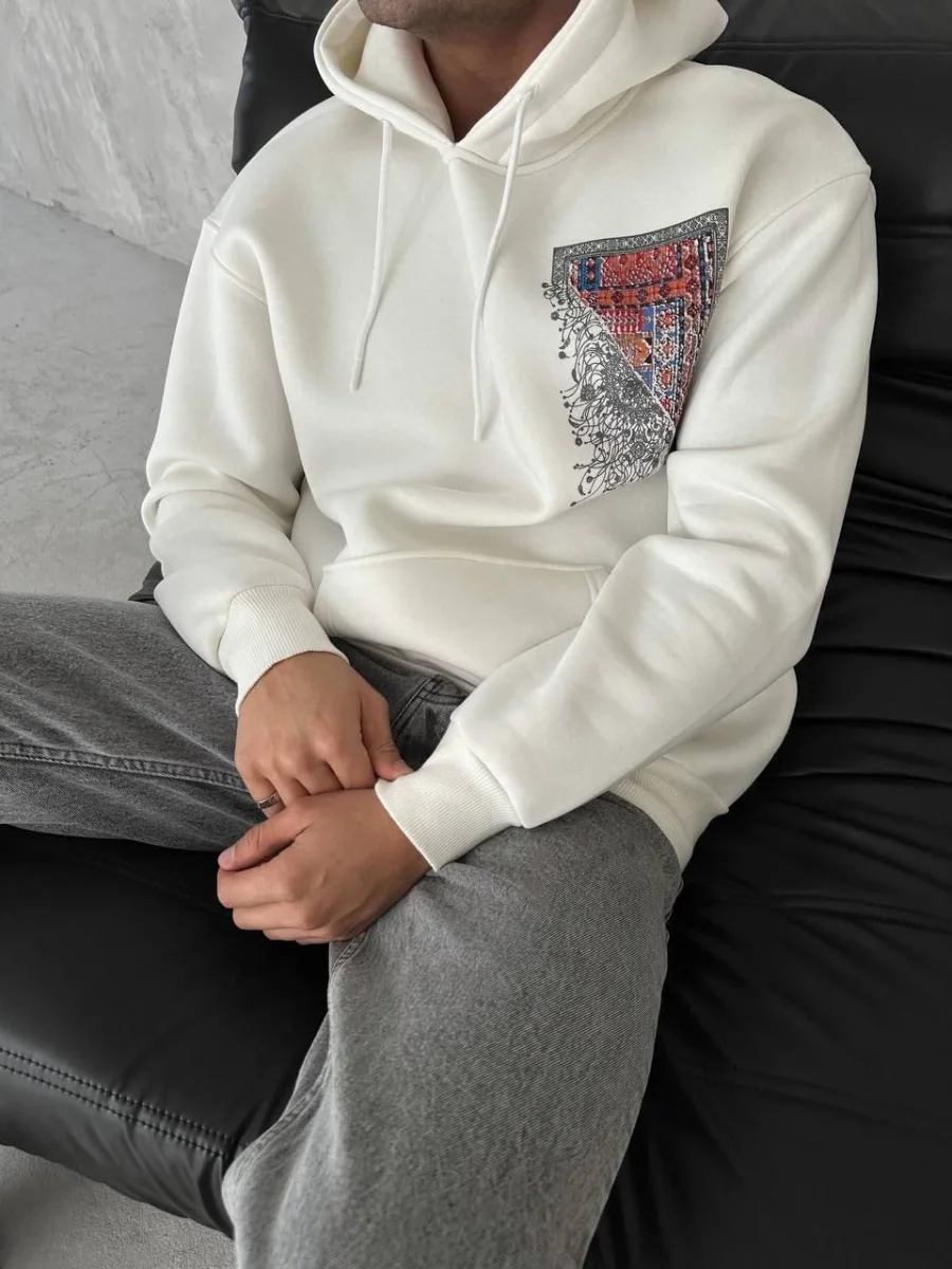 Uzun Kol Kapüşonlu Ön Ve Arka Baskılı SweatShirt - Beyaz -