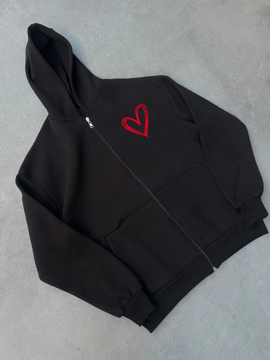 Üç İplik Baskılı Fermuarlı Kapüşonlu Hırka - Siyah -